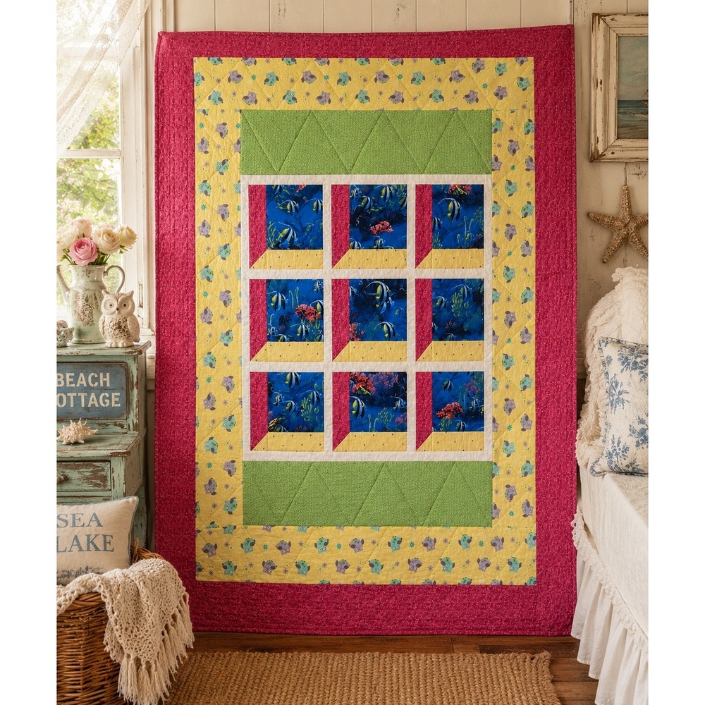 Vintage Handmade Hand‎ Stitched Coastal Fish Quilt Twin Topper 50x60
